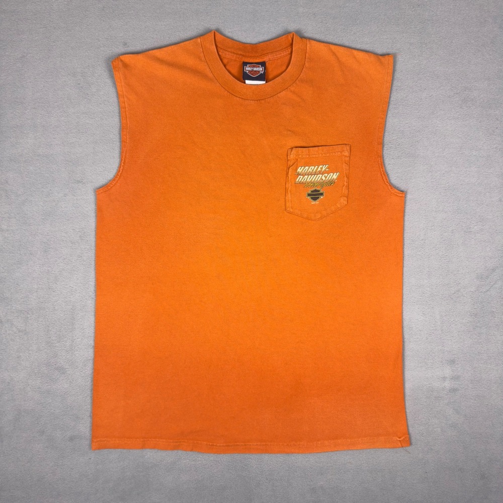 Harley Davidson Donahue St Cloud MN Sleeveless Pocket Muscle Tee Orange L